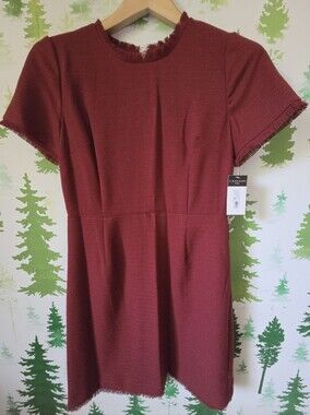 Tahari ASL Wine Frayed-Trim Short Sleeve Shift Dress